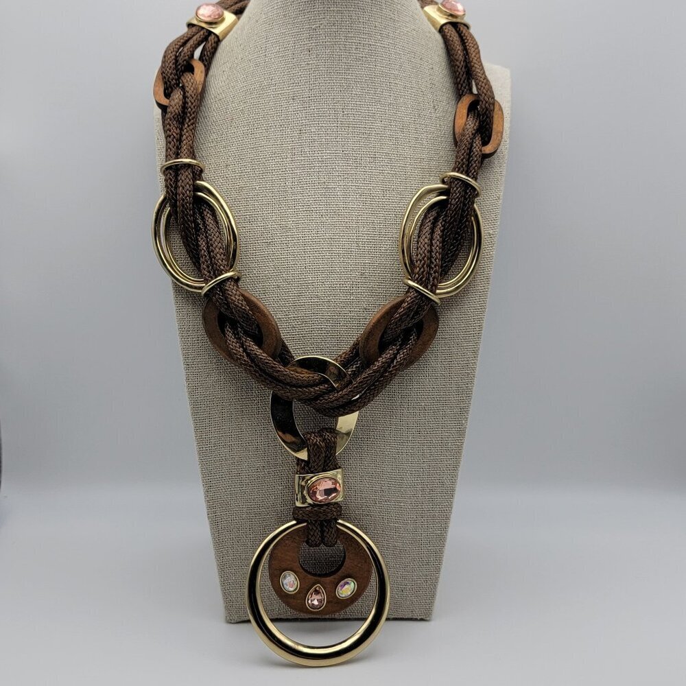 Vintage Vida Jewels Brown And Gold Tone AB Crystal Statement Boho Necklace 23 In